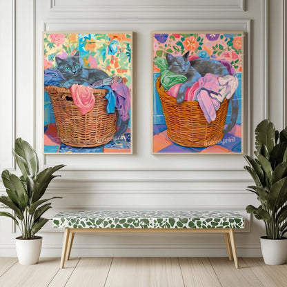 Set of Two Blue Russian Cats Wall Art - Gray Cat In Laundry Bin Print