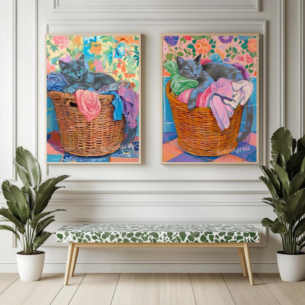 Set of Two Blue Russian Cats Wall Art - Gray Cat In Laundry Bin Print