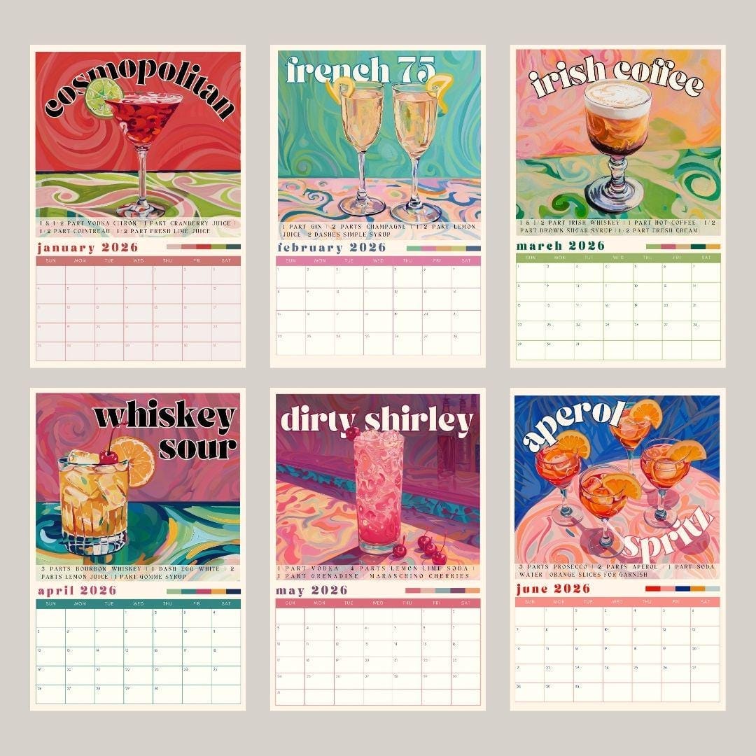 2026 Cocktail Calendar - Monthly Cocktail Recipe Calendar - Cocktail Gift Idea