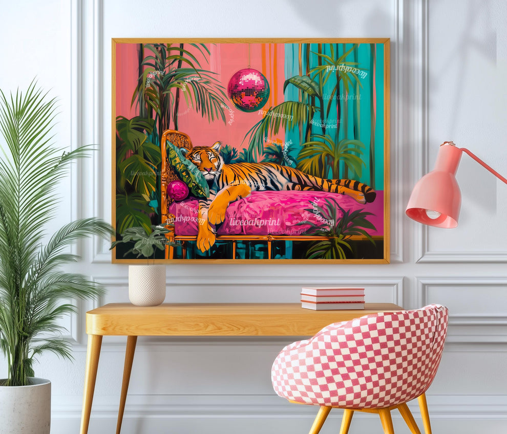 Tiger Sleeping Under A Disco Ball - Horizontal Wall Art