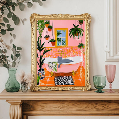 Gray Cat In A Bathtub Wall Art