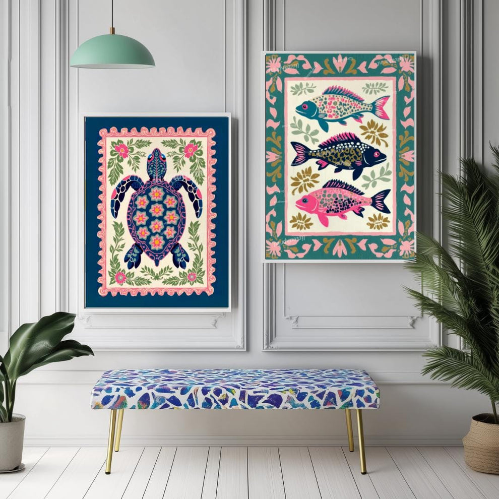 Set of 2 Coastal Wall Art Prints – Sea Turtle & Fish Art – Ocean Bathroom Wall Decor – Coastal Luxury Beach House Prints