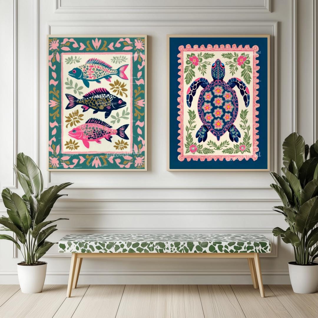 Set of 2 Coastal Wall Art Prints – Sea Turtle & Fish Art – Ocean Bathroom Wall Decor – Coastal Luxury Beach House Prints