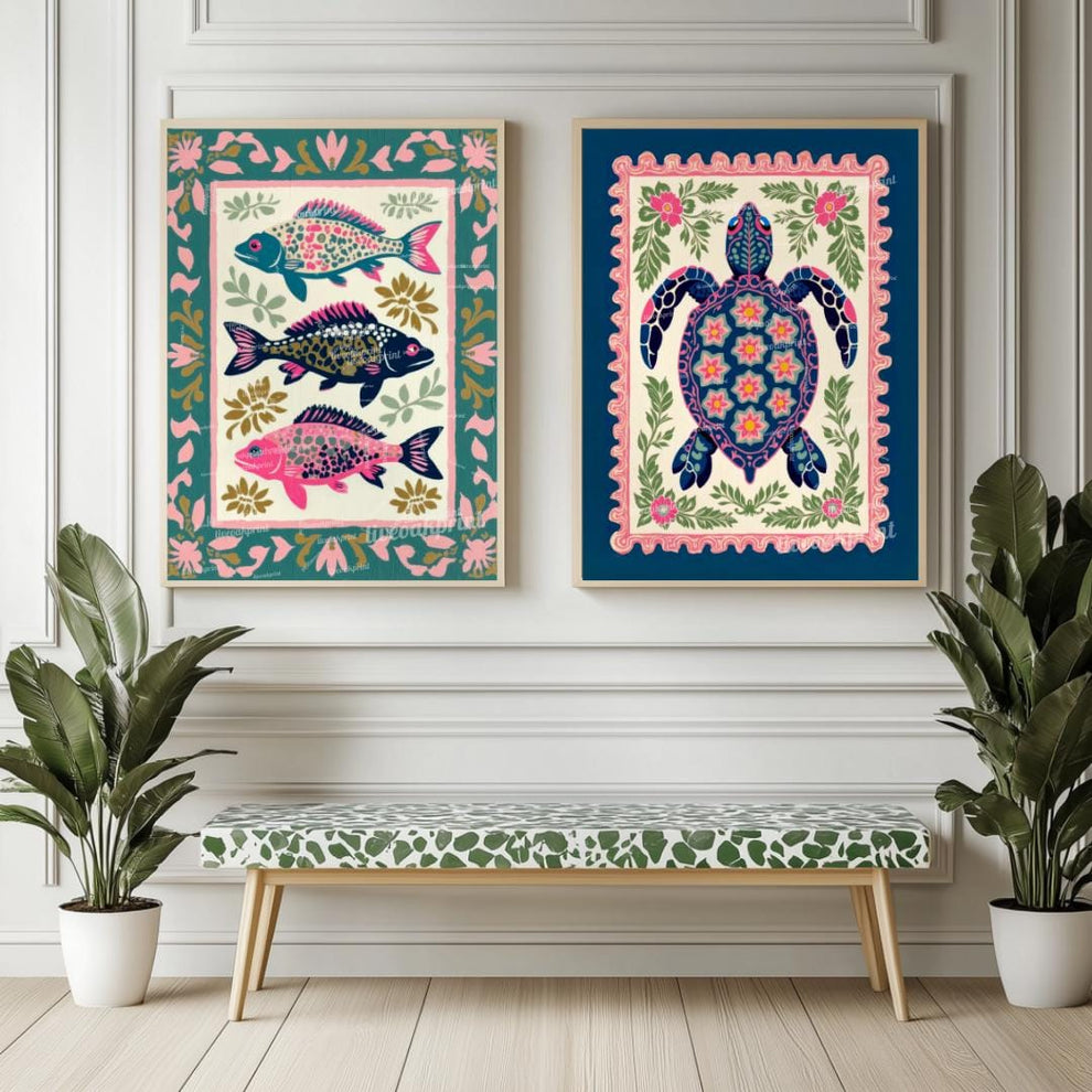 Set of 2 Coastal Wall Art Prints – Sea Turtle & Fish Art – Ocean Bathroom Wall Decor – Coastal Luxury Beach House Prints