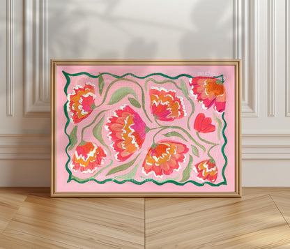 Pink Zinnias Art Print - Pink Floral Wall Art - Horizontal Wall Art for Over The Couch or Over The Bed - Pink Orange Coral Green Wall Art