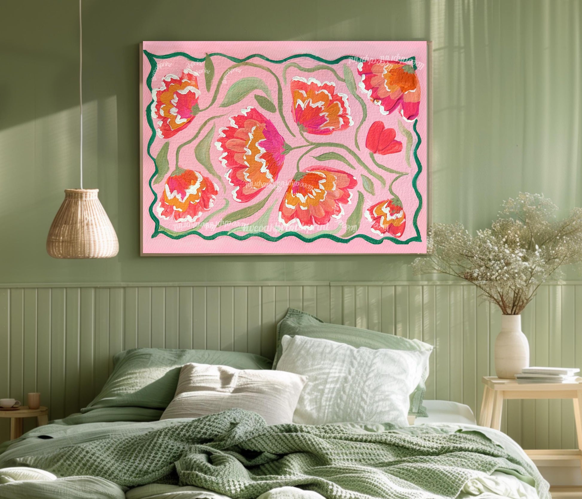 Pink Zinnias Art Print - Pink Floral Wall Art - Horizontal Wall Art for Over The Couch or Over The Bed - Pink Orange Coral Green Wall Art