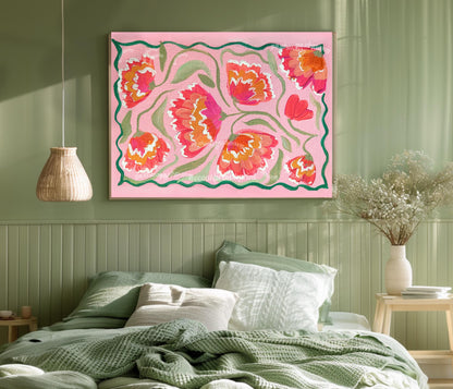 Pink Zinnias Art Print - Pink Floral Wall Art - Horizontal Wall Art for Over The Couch or Over The Bed - Pink Orange Coral Green Wall Art