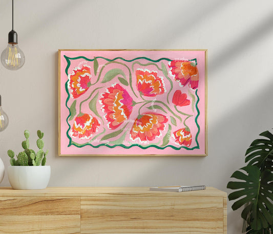 Pink Zinnias Art Print - Pink Floral Wall Art - Horizontal Wall Art for Over The Couch or Over The Bed - Pink Orange Coral Green Wall Art