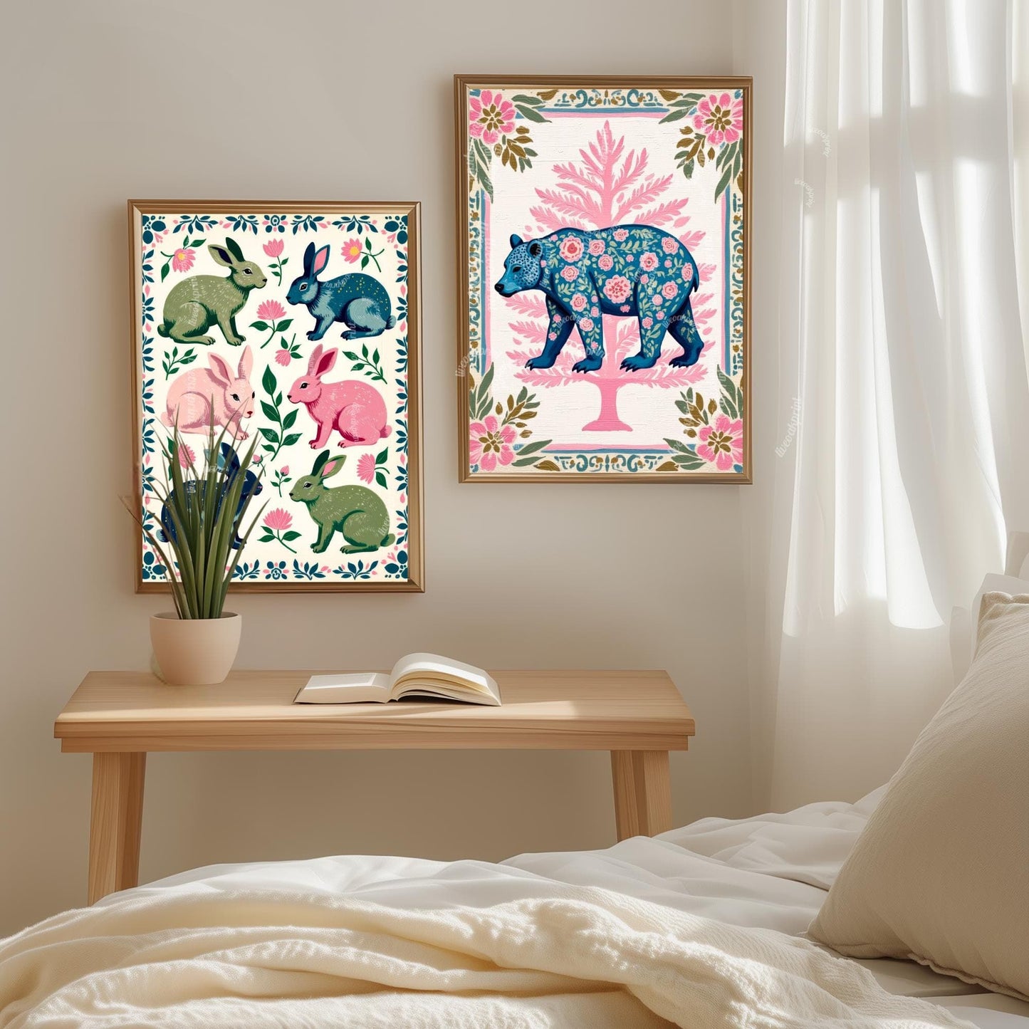 Rabbits Art Print - Playful Luxury Home Decor - Woodland Forest Wall Art Pine Tree Cute Rustic Wall Art