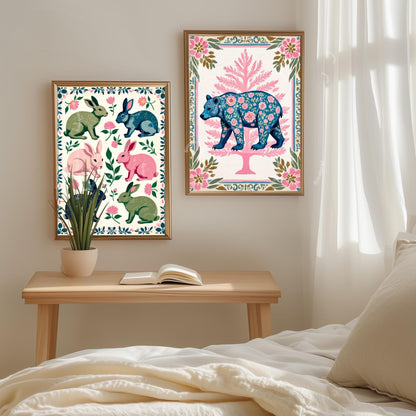 Rabbits Art Print - Playful Luxury Home Decor - Woodland Forest Wall Art Pine Tree Cute Rustic Wall Art