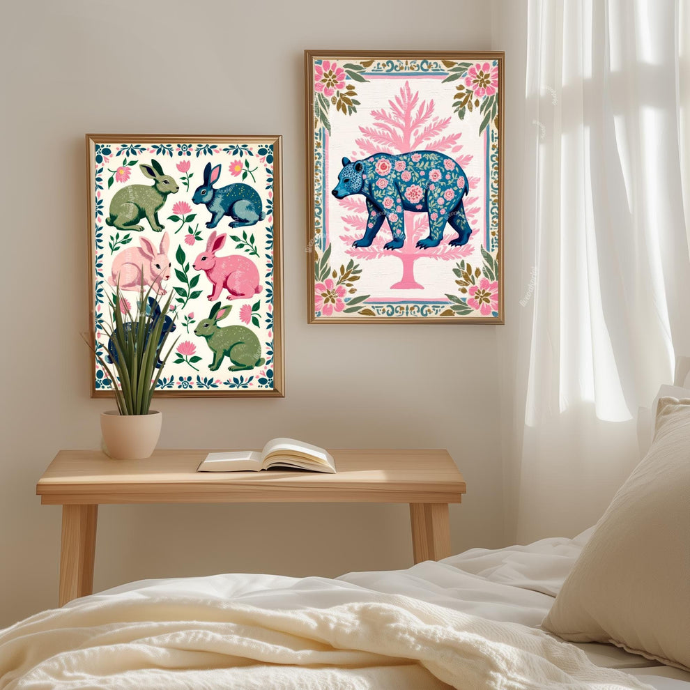 Rabbits Art Print - Playful Luxury Home Decor - Woodland Forest Wall Art Pine Tree Cute Rustic Wall Art