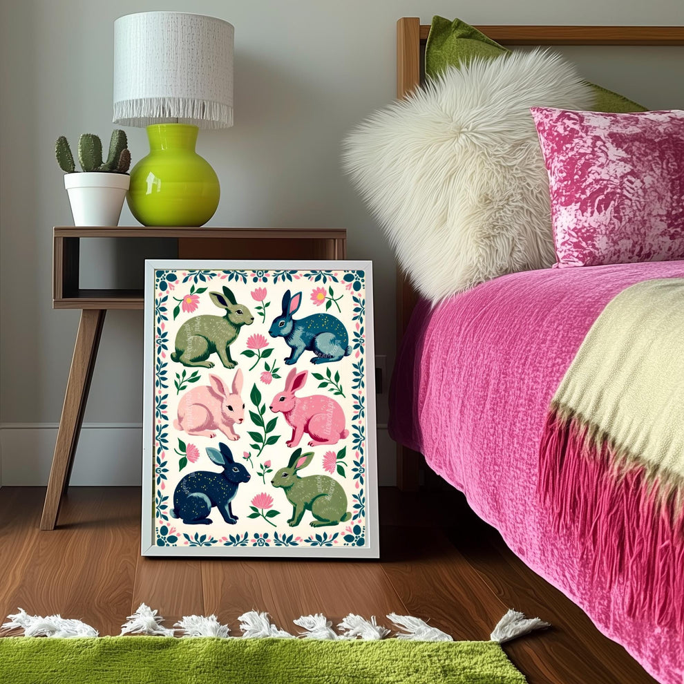 Rabbits Art Print - Playful Luxury Home Decor - Woodland Forest Wall Art Pine Tree Cute Rustic Wall Art