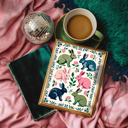 Rabbits Art Print - Playful Luxury Home Decor - Woodland Forest Wall Art Pine Tree Cute Rustic Wall Art