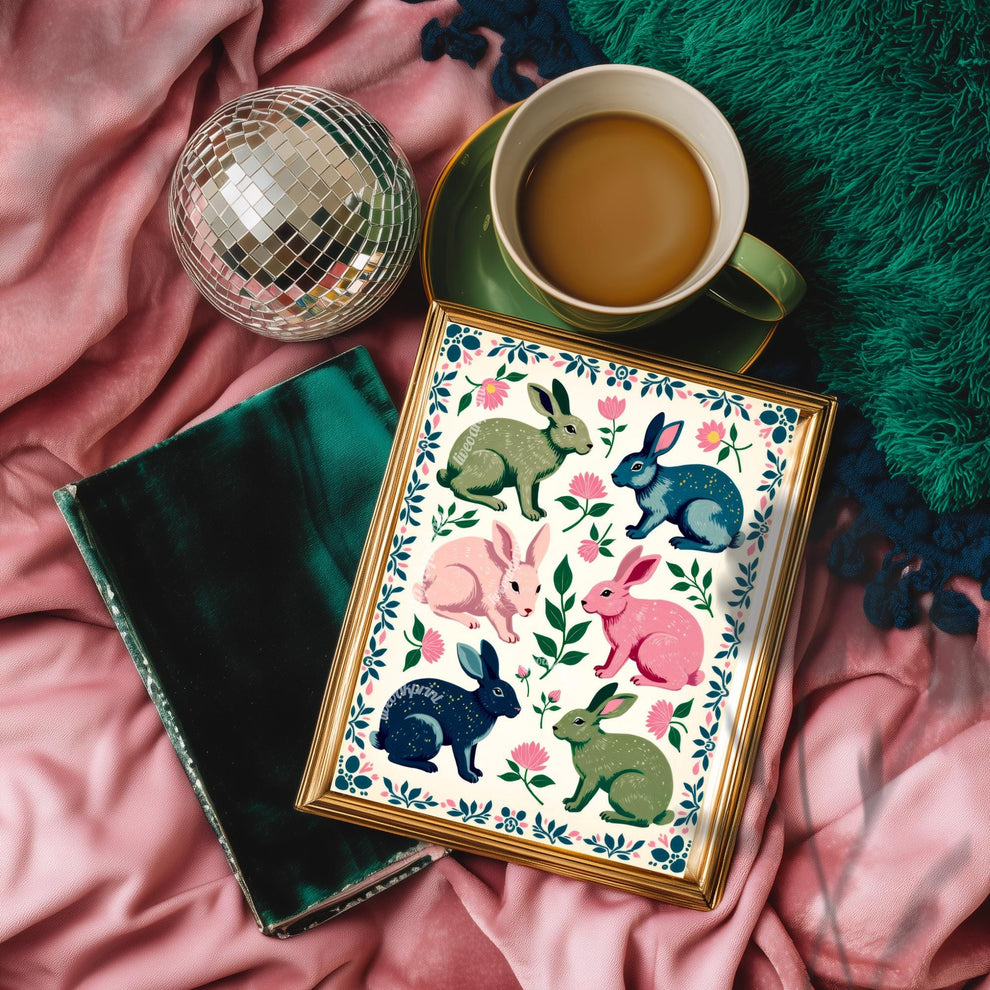 Rabbits Art Print - Playful Luxury Home Decor - Woodland Forest Wall Art Pine Tree Cute Rustic Wall Art