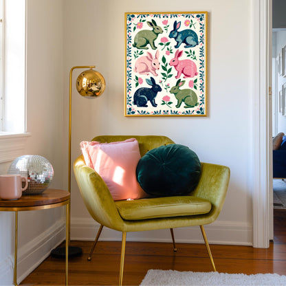 Rabbits Art Print - Playful Luxury Home Decor - Woodland Forest Wall Art Pine Tree Cute Rustic Wall Art