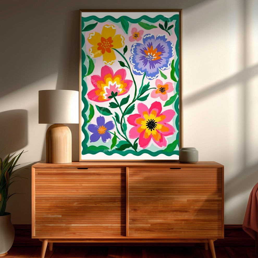 Colorful Floral Wall Art – Vibrant Pink and Green Folk Art Flower Print – Cottagecore Botanical Home Decor