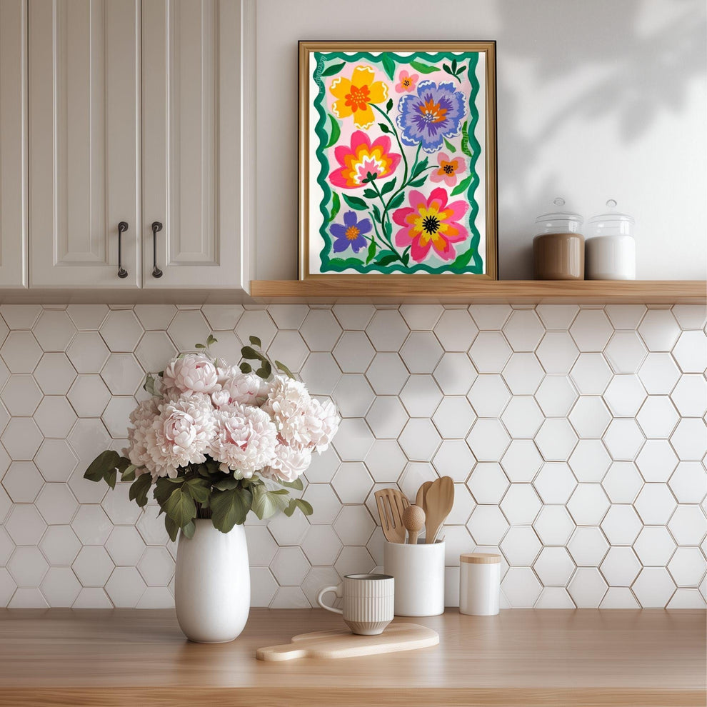 Colorful Floral Wall Art – Vibrant Pink and Green Folk Art Flower Print – Cottagecore Botanical Home Decor