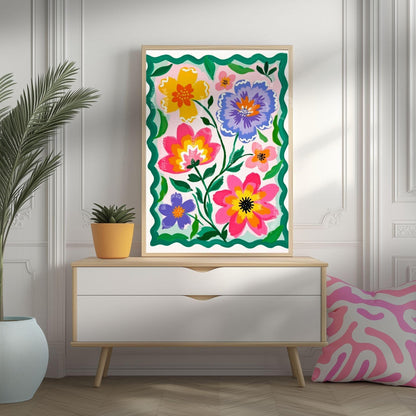 Colorful Floral Wall Art – Vibrant Pink and Green Folk Art Flower Print – Cottagecore Botanical Home Decor