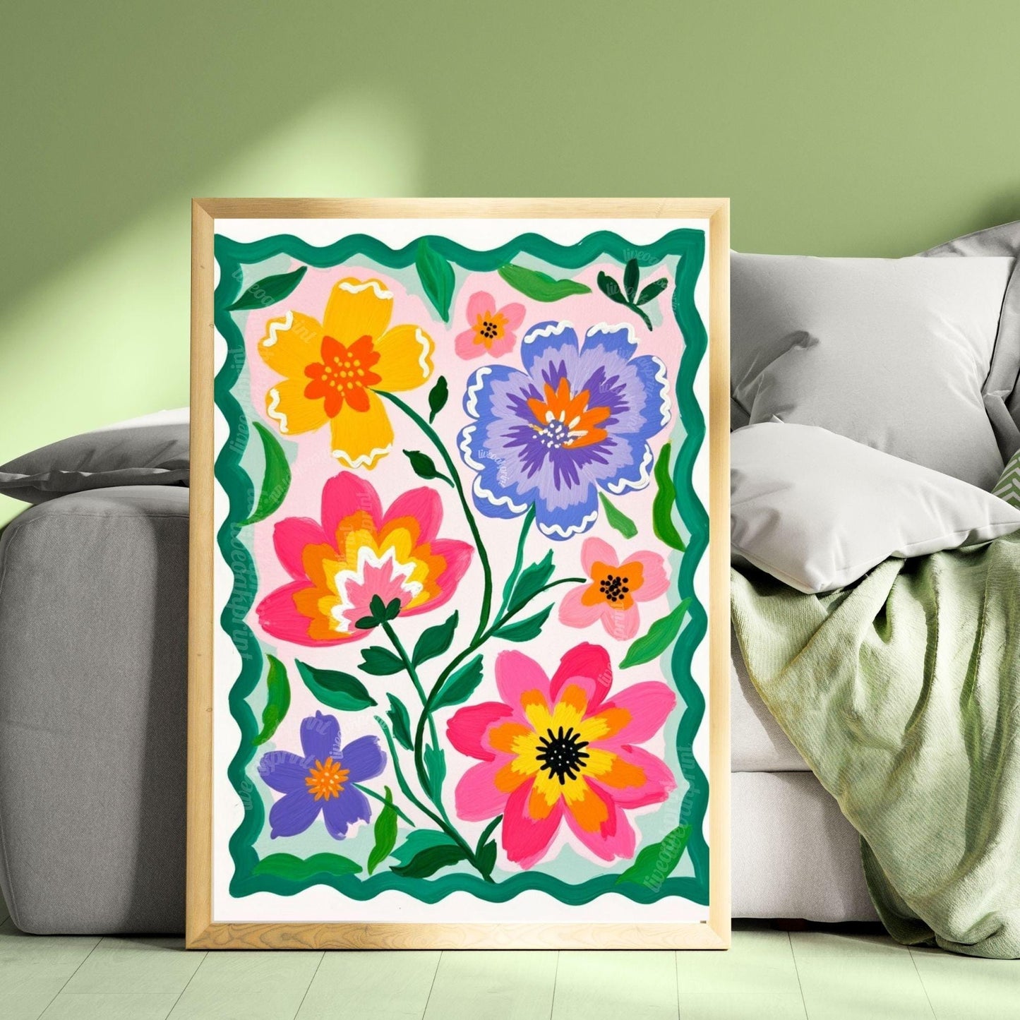 Colorful Floral Wall Art – Vibrant Pink and Green Folk Art Flower Print – Cottagecore Botanical Home Decor