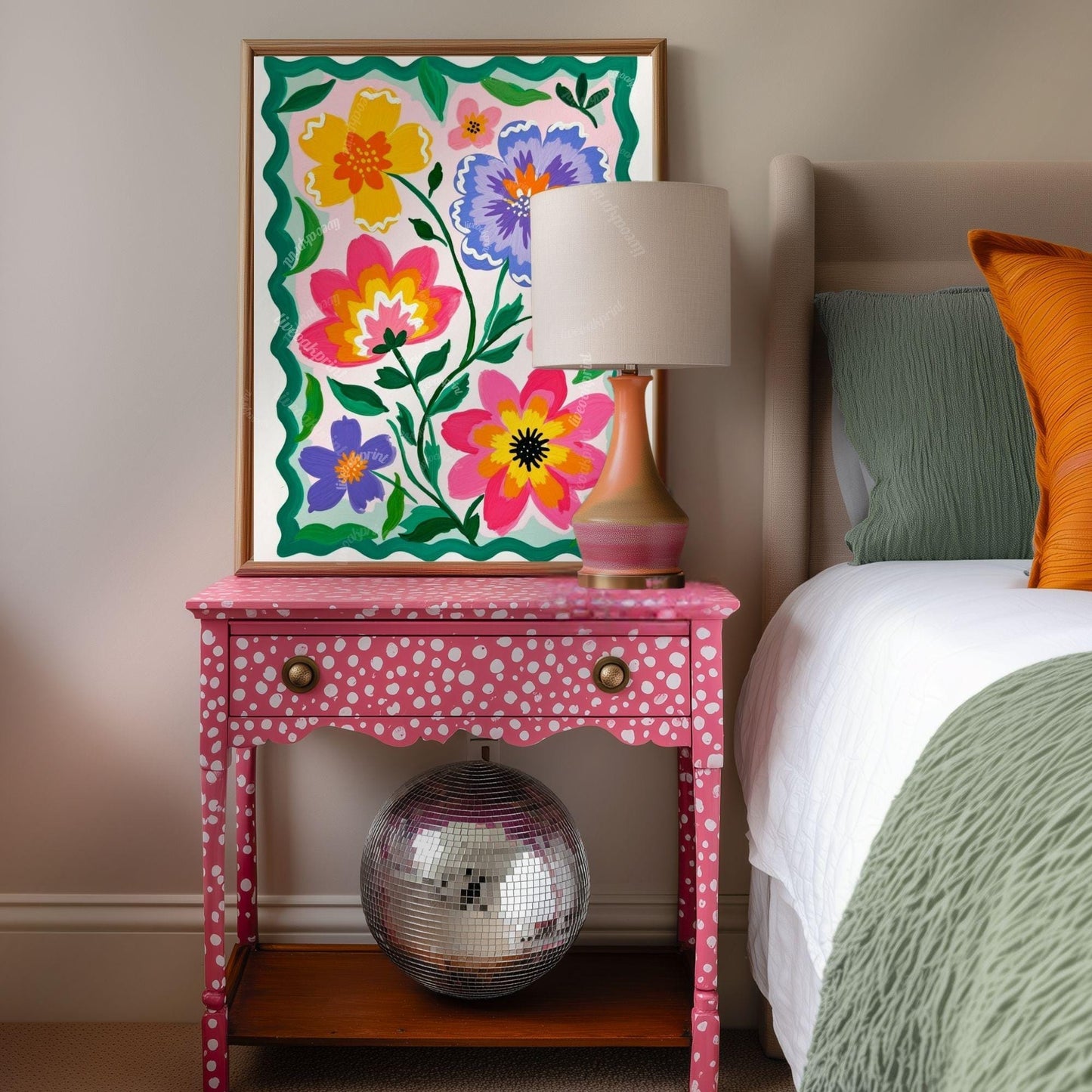 Colorful Floral Wall Art – Vibrant Pink and Green Folk Art Flower Print – Cottagecore Botanical Home Decor