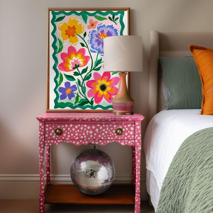 Colorful Floral Wall Art – Vibrant Pink and Green Folk Art Flower Print – Cottagecore Botanical Home Decor