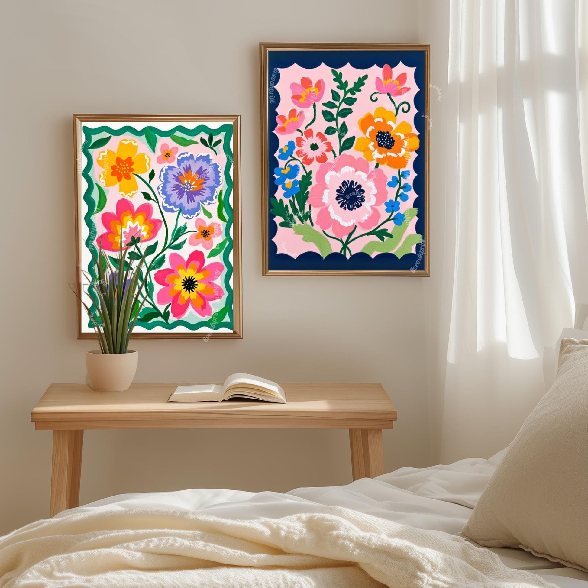 Pink and Navy Floral Wall Art – Navy Folk Art Print with Pink Flowers – Whimsical Botanical Home Decor