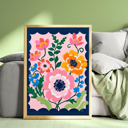 Pink and Navy Floral Wall Art – Navy Folk Art Print with Pink Flowers – Whimsical Botanical Home Decor