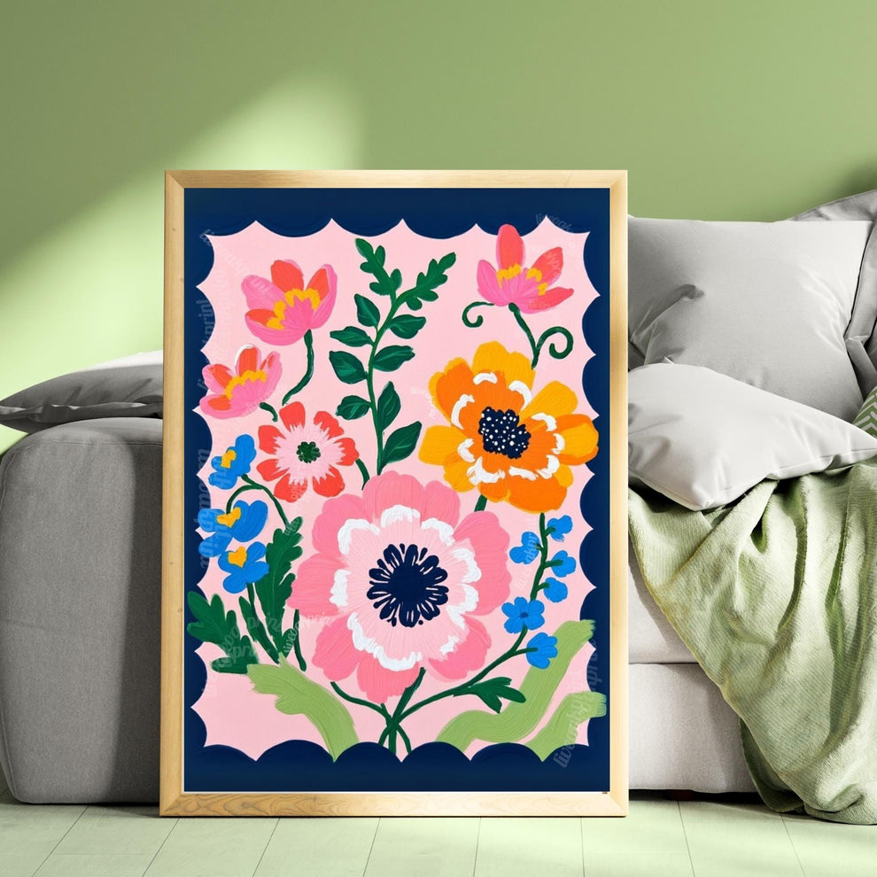 Pink and Navy Floral Wall Art – Navy Folk Art Print with Pink Flowers – Whimsical Botanical Home Decor