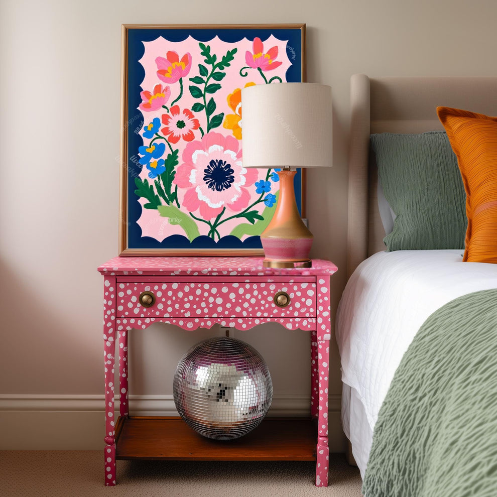Pink and Navy Floral Wall Art – Navy Folk Art Print with Pink Flowers – Whimsical Botanical Home Decor