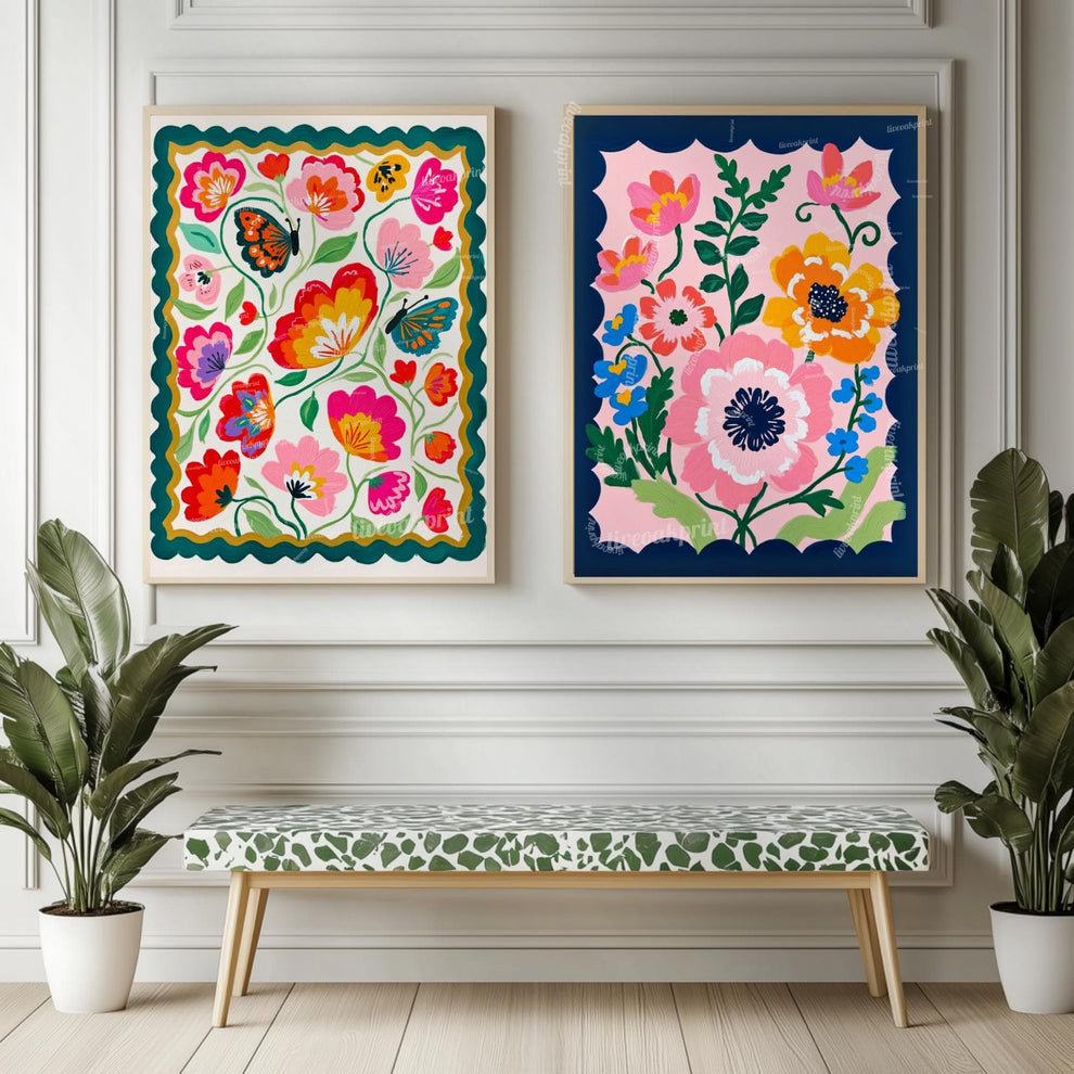 Pink and Navy Floral Wall Art – Navy Folk Art Print with Pink Flowers – Whimsical Botanical Home Decor