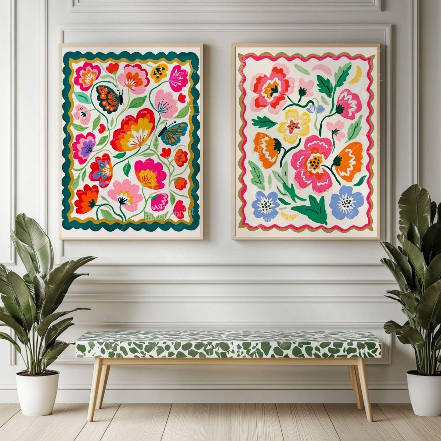 Pastel Floral Wall Art - Colorful Floral Print – Retro Pastel Folk Art Style – Cheerful Wall Art for Bedroom - Living Room Wall Art
