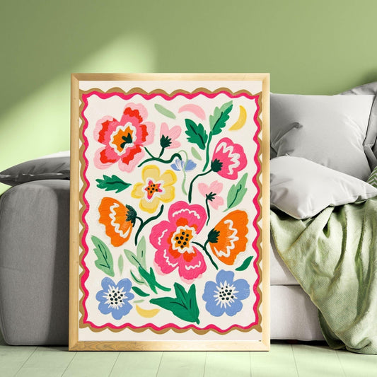 Pastel Floral Wall Art - Colorful Floral Print – Retro Pastel Folk Art Style – Cheerful Wall Art for Bedroom - Living Room Wall Art