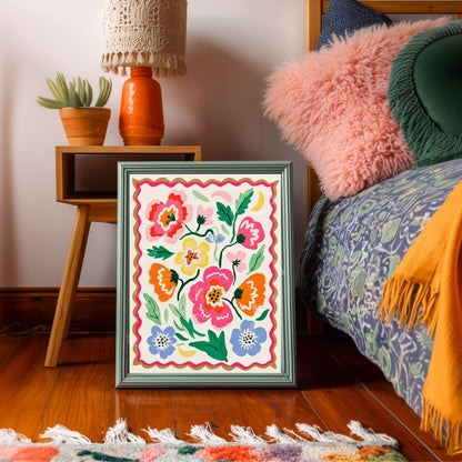 Pastel Floral Wall Art - Colorful Floral Print – Retro Pastel Folk Art Style – Cheerful Wall Art for Bedroom - Living Room Wall Art