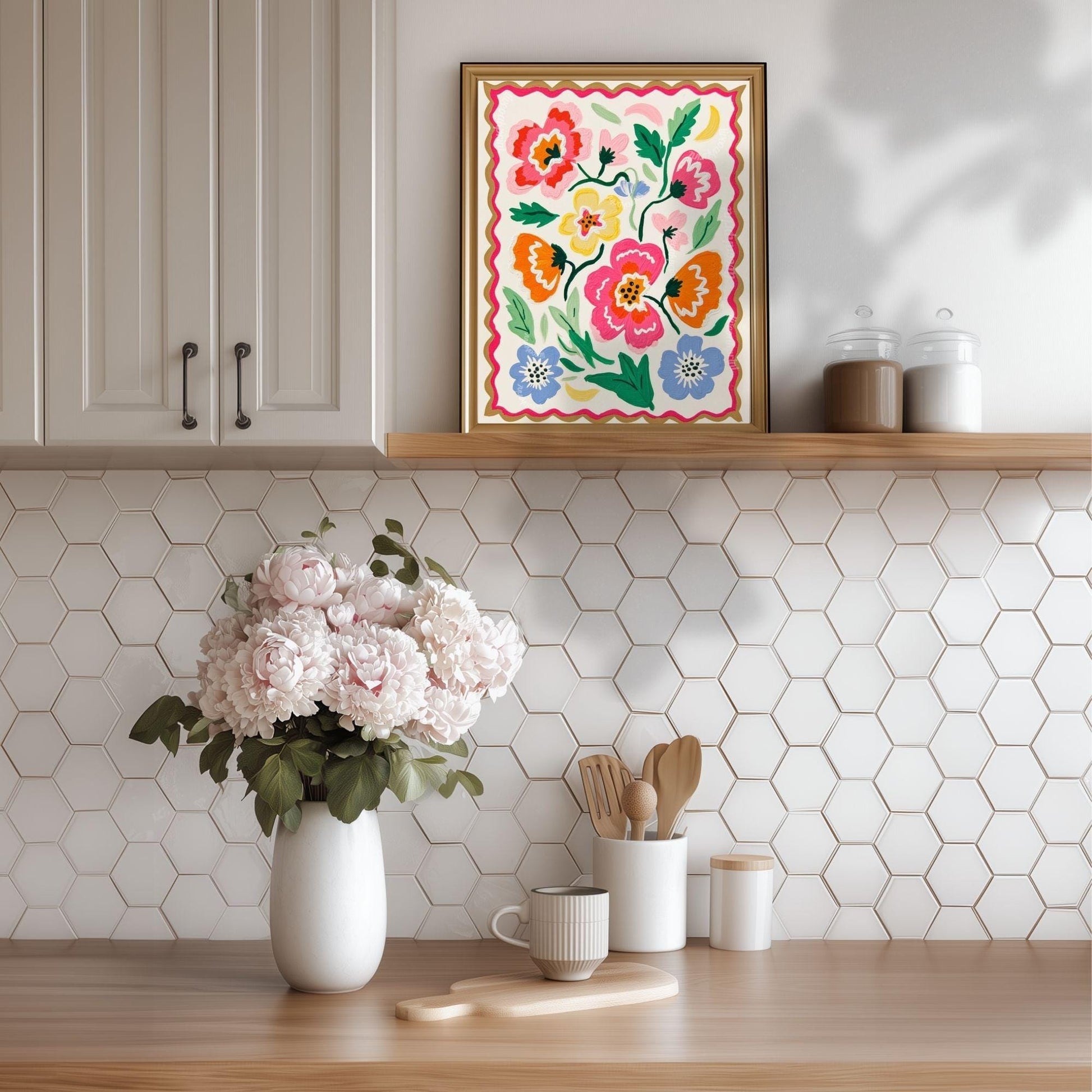 Pastel Floral Wall Art - Colorful Floral Print – Retro Pastel Folk Art Style – Cheerful Wall Art for Bedroom - Living Room Wall Art