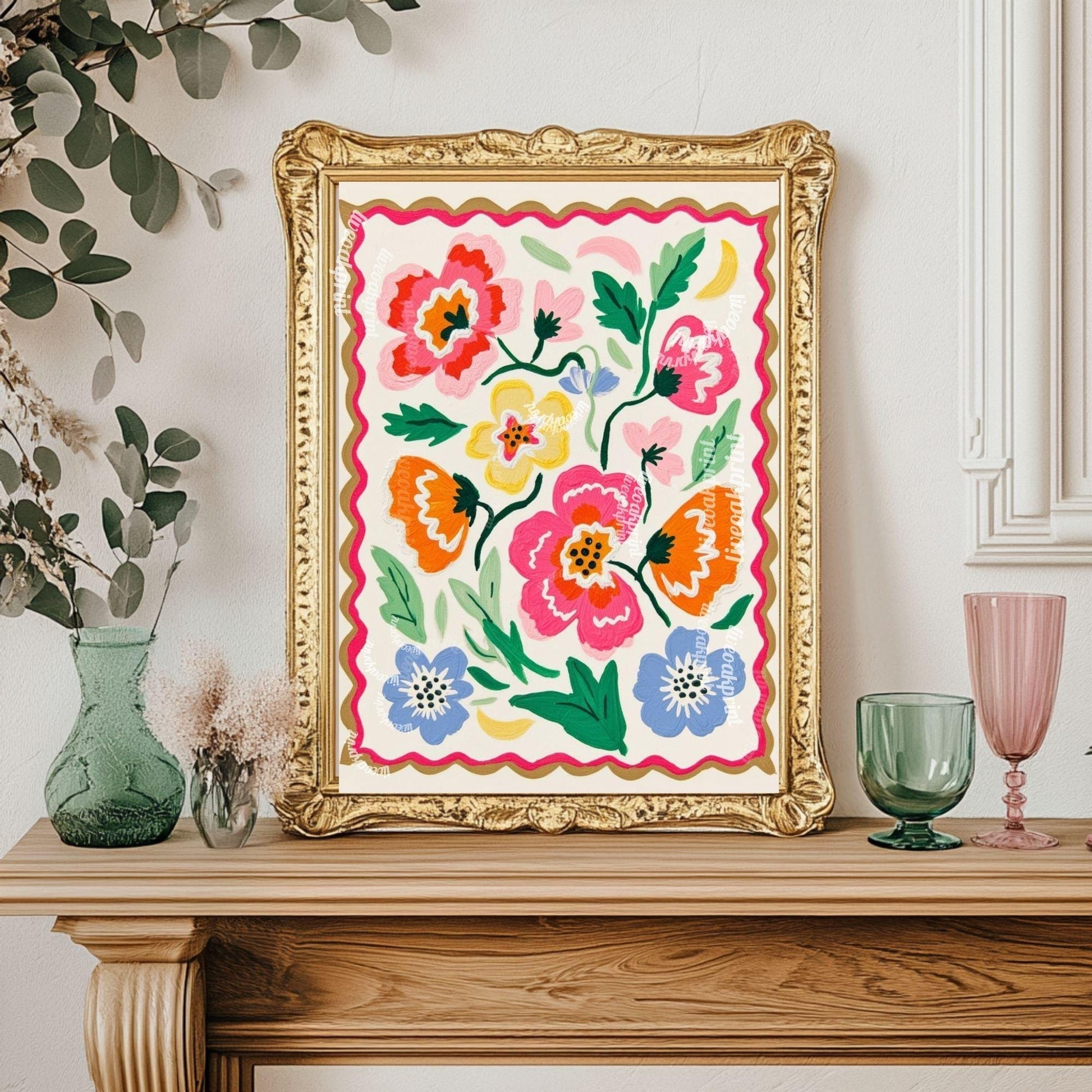 Pastel Floral Wall Art - Colorful Floral Print – Retro Pastel Folk Art Style – Cheerful Wall Art for Bedroom - Living Room Wall Art