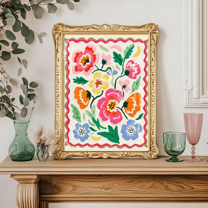 Pastel Floral Wall Art - Colorful Floral Print – Retro Pastel Folk Art Style – Cheerful Wall Art for Bedroom - Living Room Wall Art