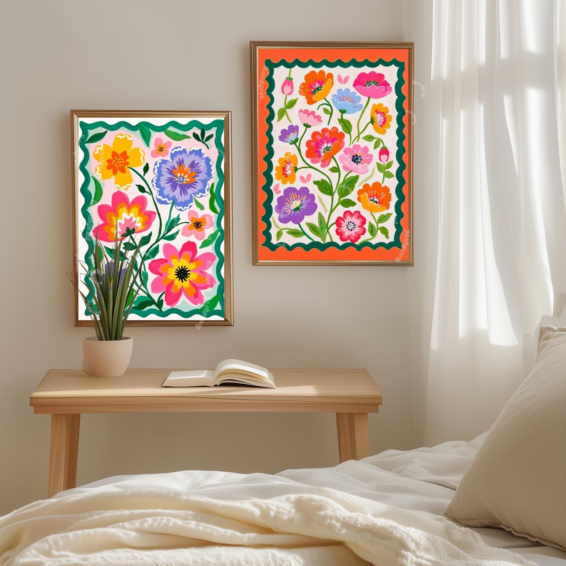Green and Orange Floral Wall Art - Retro Floral Art Print - Midcentury Modern Home Decor Wall Art for Living Room