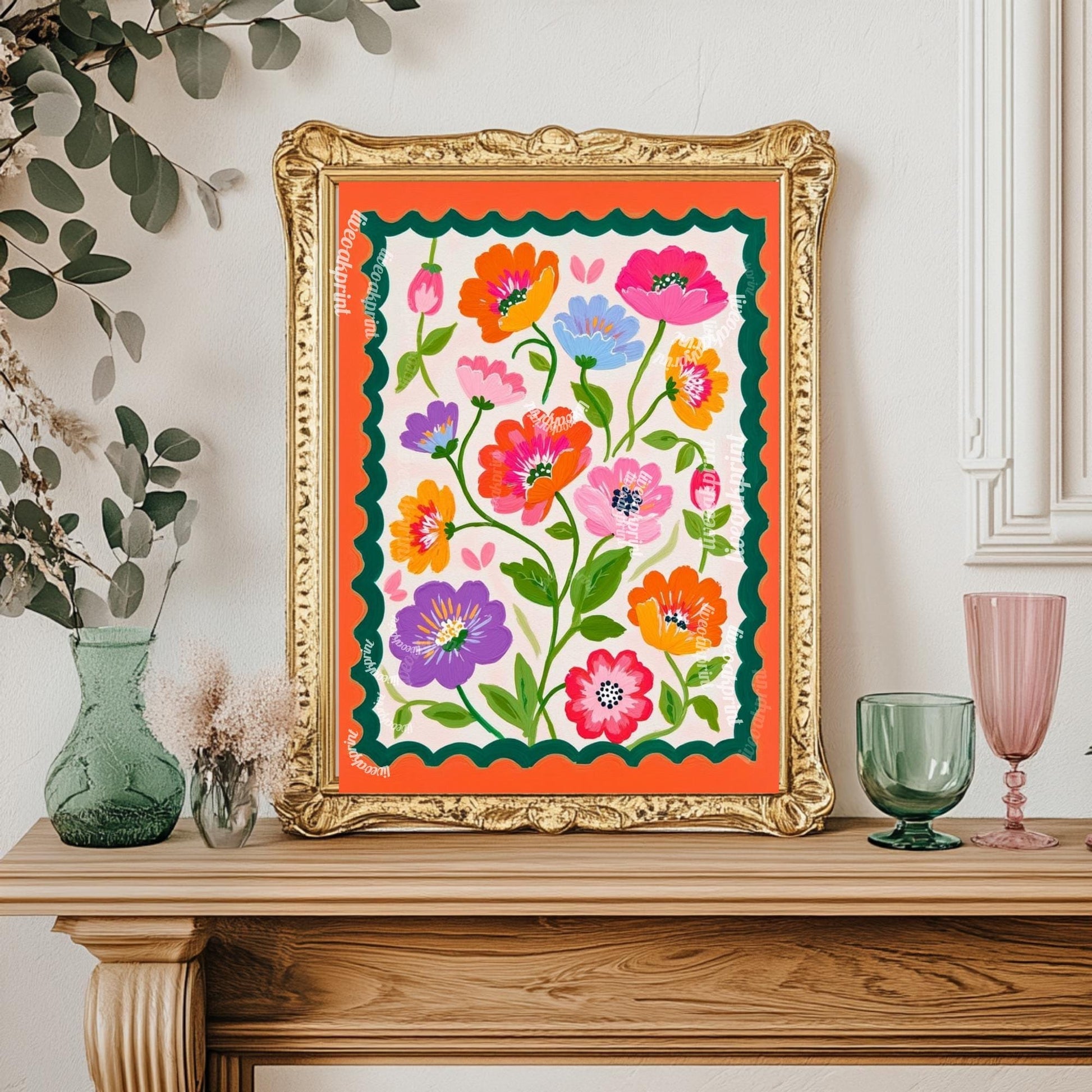 Green and Orange Floral Wall Art - Retro Floral Art Print - Midcentury Modern Home Decor Wall Art for Living Room