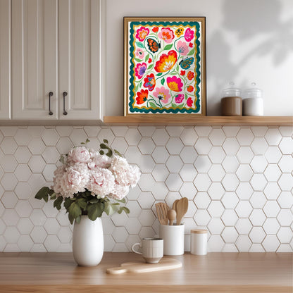 Butterfly Wall Art – Colorful Floral Print – Whimsical Botanical Home Decor Dopamine Art Print For Living Room or For Bedroom
