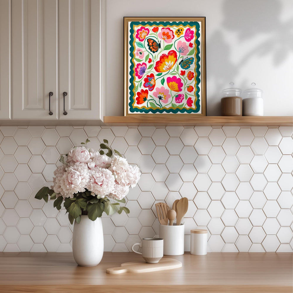 Butterfly Wall Art – Colorful Floral Print – Whimsical Botanical Home Decor Dopamine Art Print For Living Room or For Bedroom
