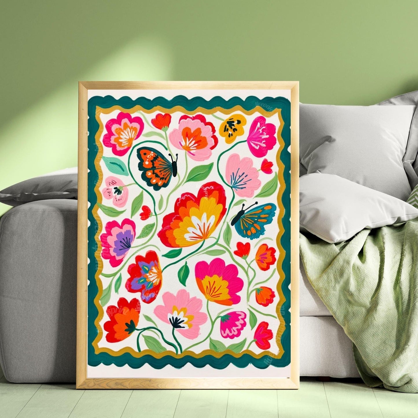 Butterfly Wall Art – Colorful Floral Print – Whimsical Botanical Home Decor Dopamine Art Print For Living Room or For Bedroom
