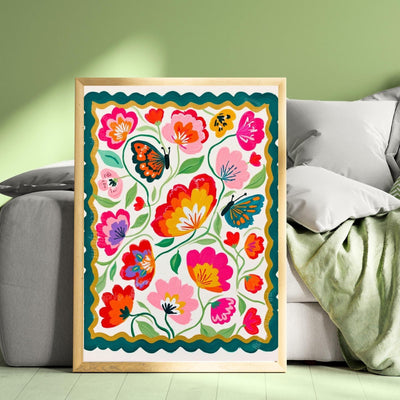 Butterfly Wall Art – Colorful Floral Print – Whimsical Botanical Home Decor Dopamine Art Print For Living Room or For Bedroom