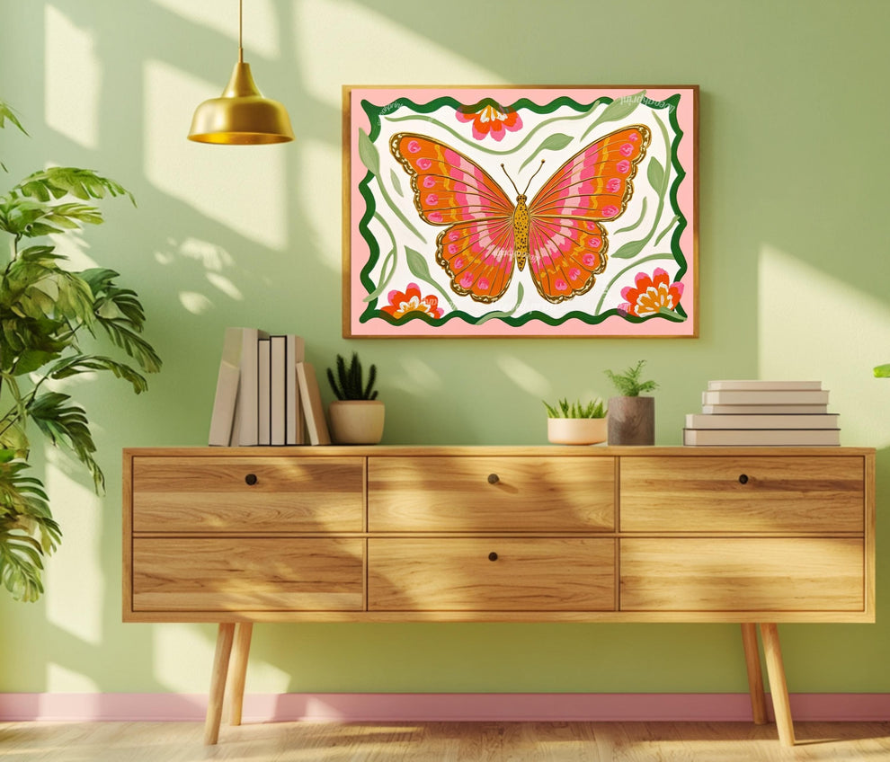 Butterfly Wall Art – Pink and Orange Folk Art Print – Whimsical Botanical Home Decor Horizontal Wall Art