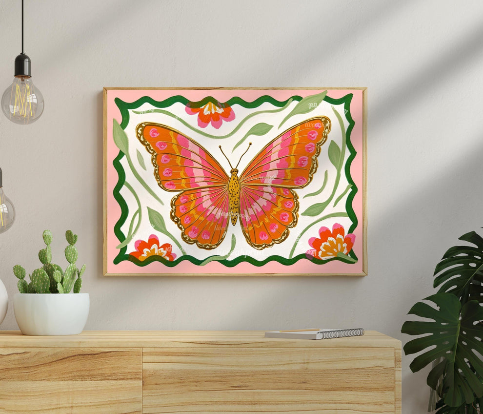 Butterfly Wall Art – Pink and Orange Folk Art Print – Whimsical Botanical Home Decor Horizontal Wall Art