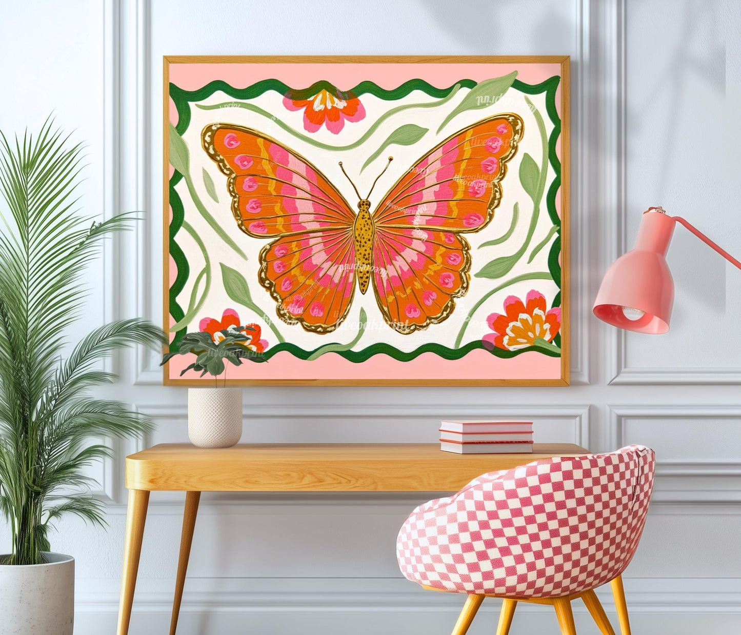 Butterfly Wall Art – Pink and Orange Folk Art Print – Whimsical Botanical Home Decor Horizontal Wall Art