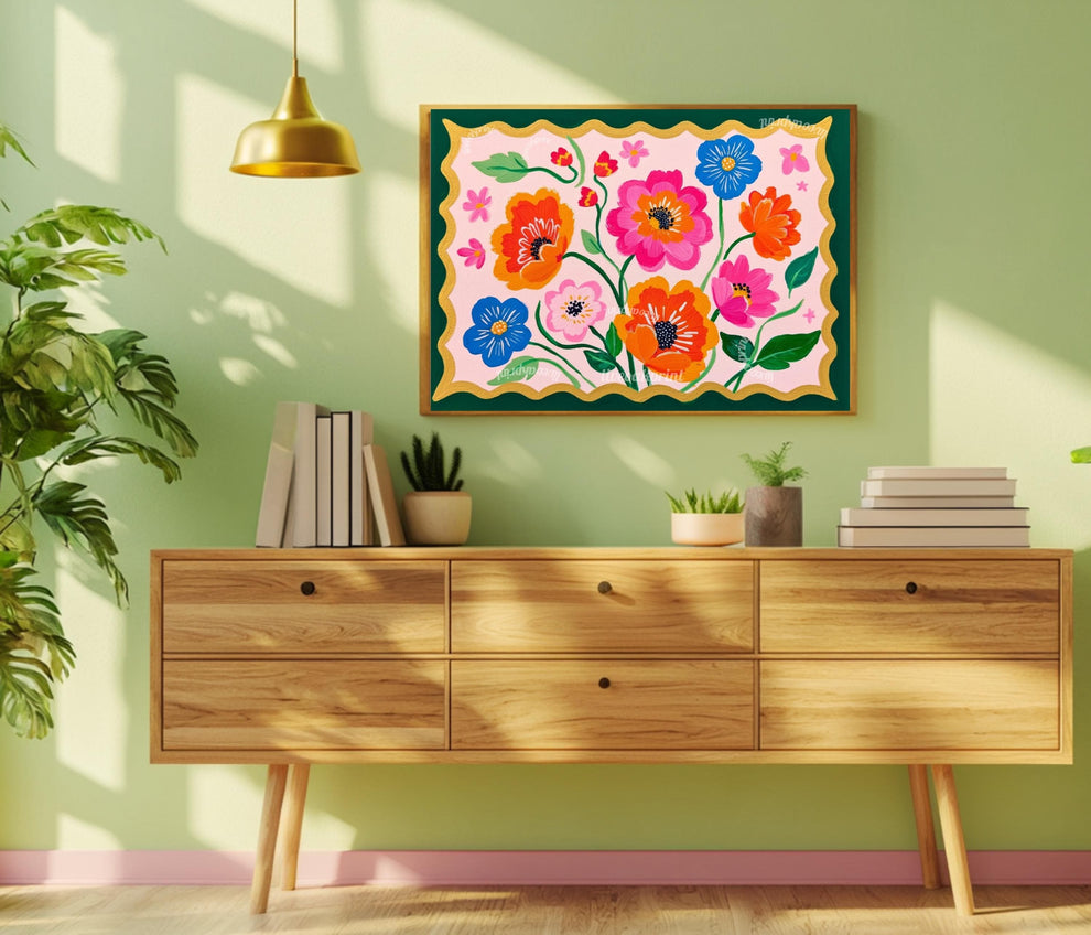 Floral Wall Art – Bold Folk Art Flower Print with Dark Green Border – Colorful Botanical Home Decor
