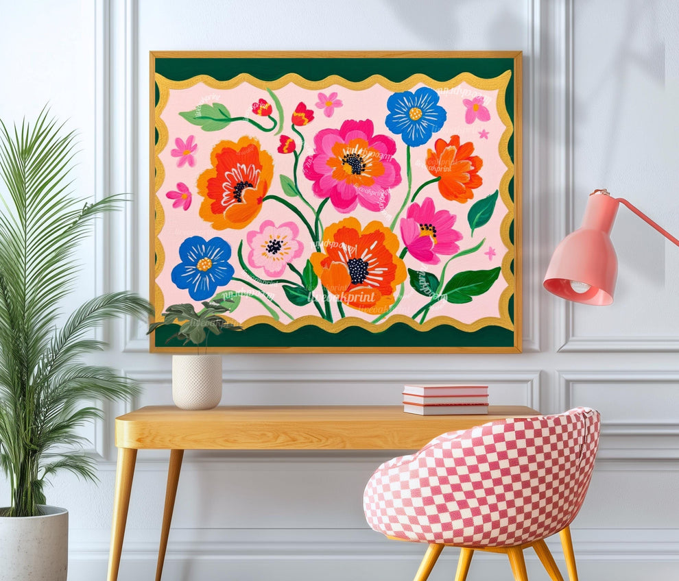 Floral Wall Art – Bold Folk Art Flower Print with Dark Green Border – Colorful Botanical Home Decor