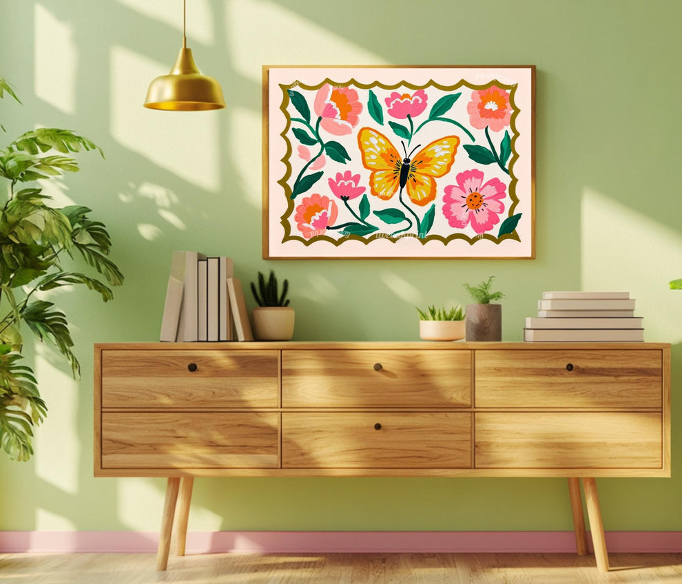 Horizontal Butterfly Wall Art – Yellow and Pink Floral Print – Whimsical Cottagecore Home Decor
