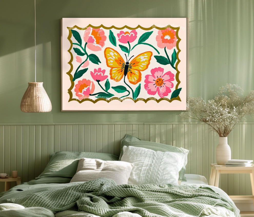 Horizontal Butterfly Wall Art – Yellow and Pink Floral Print – Whimsical Cottagecore Home Decor