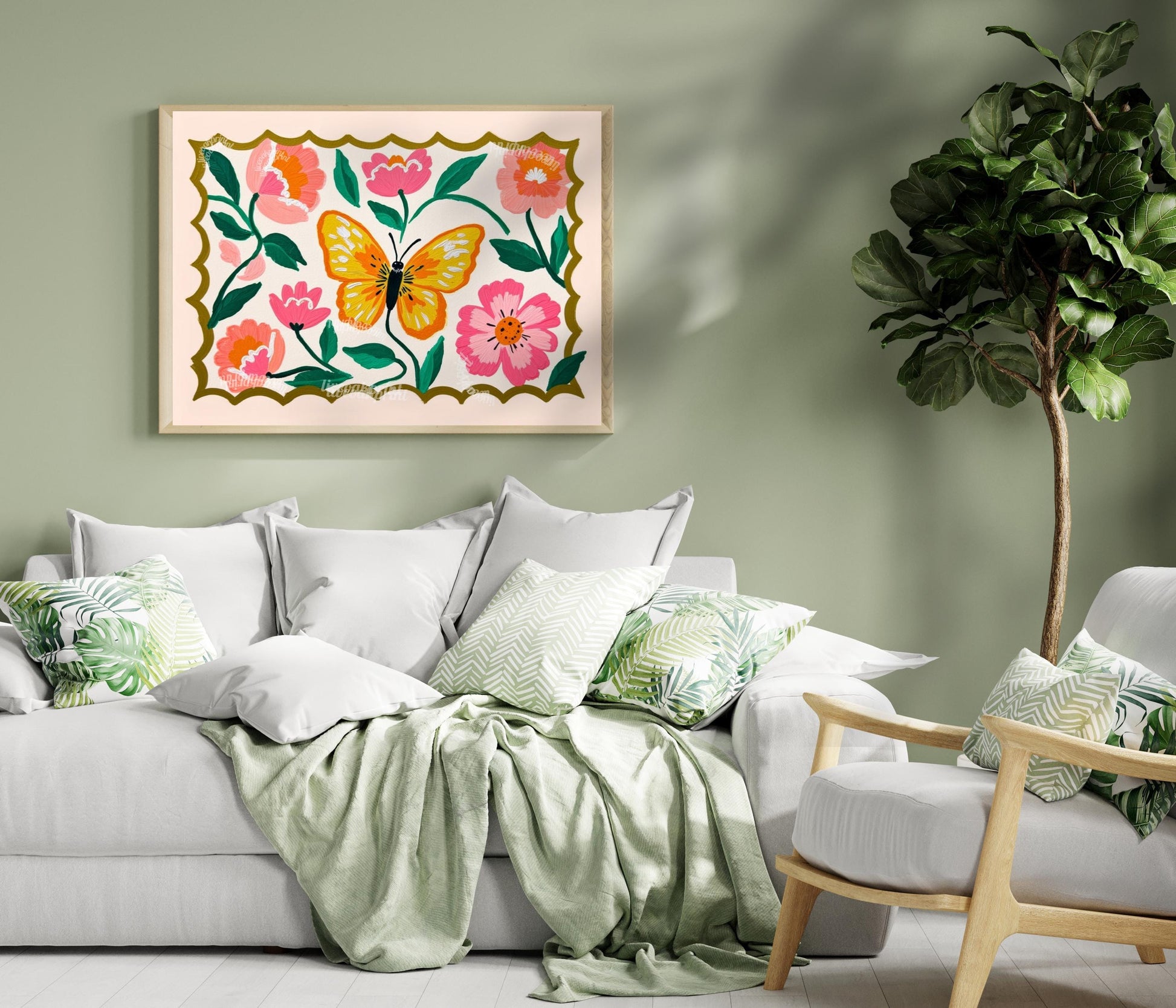 Horizontal Butterfly Wall Art – Yellow and Pink Floral Print – Whimsical Cottagecore Home Decor